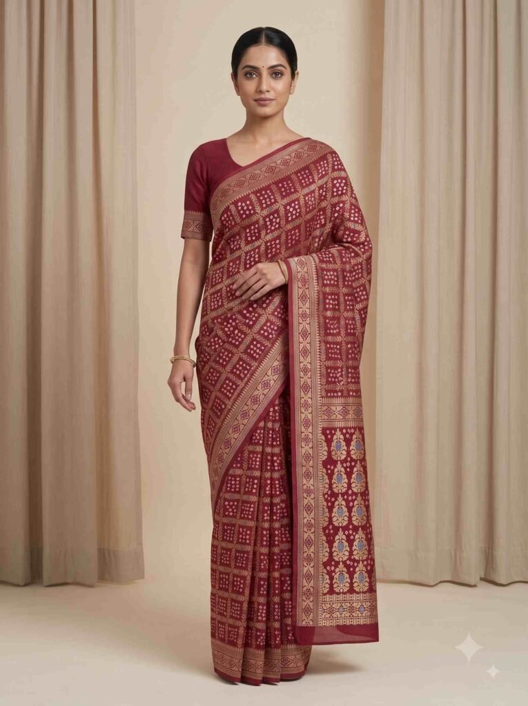 Premium cotton Bandhej Banarasi saree in maroon colour with beautiful Bandhani work, multicolour motifs and intricate zari border