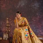 Premium handwoven Kataan Silk Banarasi Rangkart saree in mustard with colourful block work, zari border and detailed pallu
