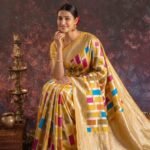 Premium handwoven Kataan Silk Banarasi Rangkart saree in mustard with colourful block work, zari border and detailed pallu