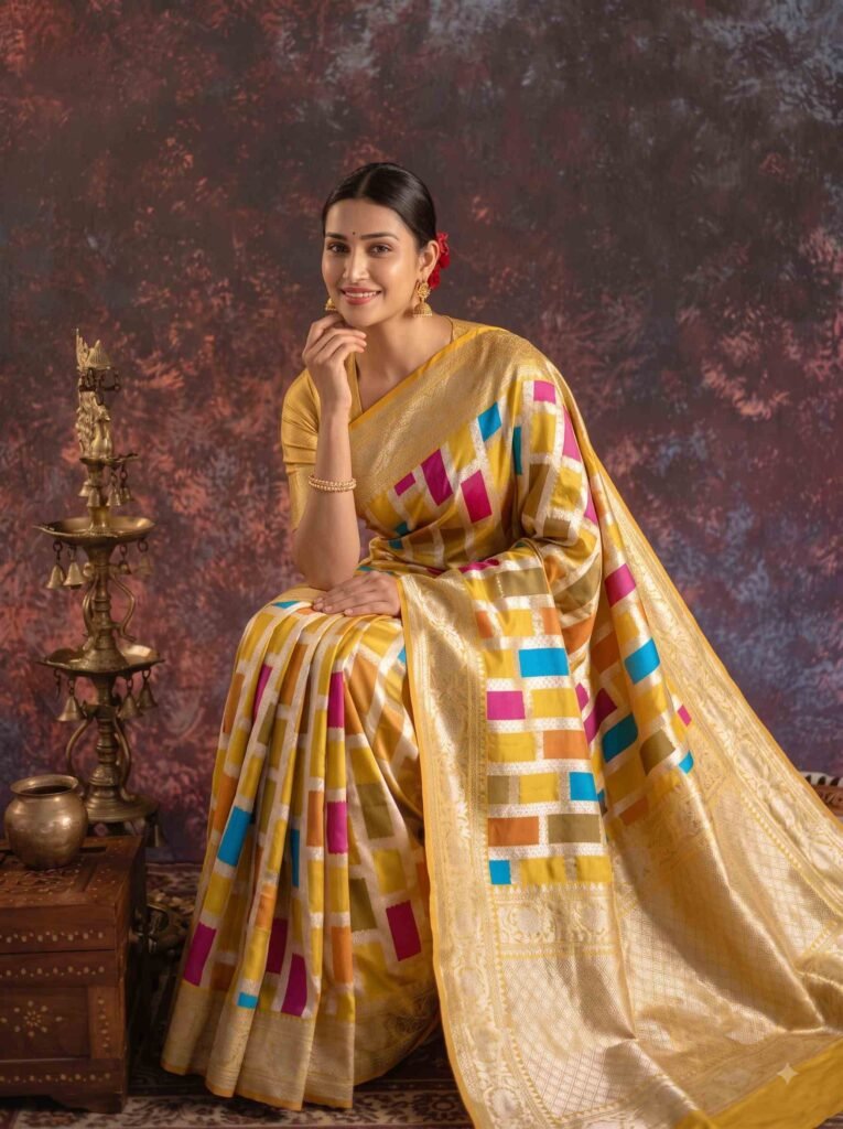 Premium handwoven Kataan Silk Banarasi Rangkart saree in mustard with colourful block work, zari border and detailed pallu