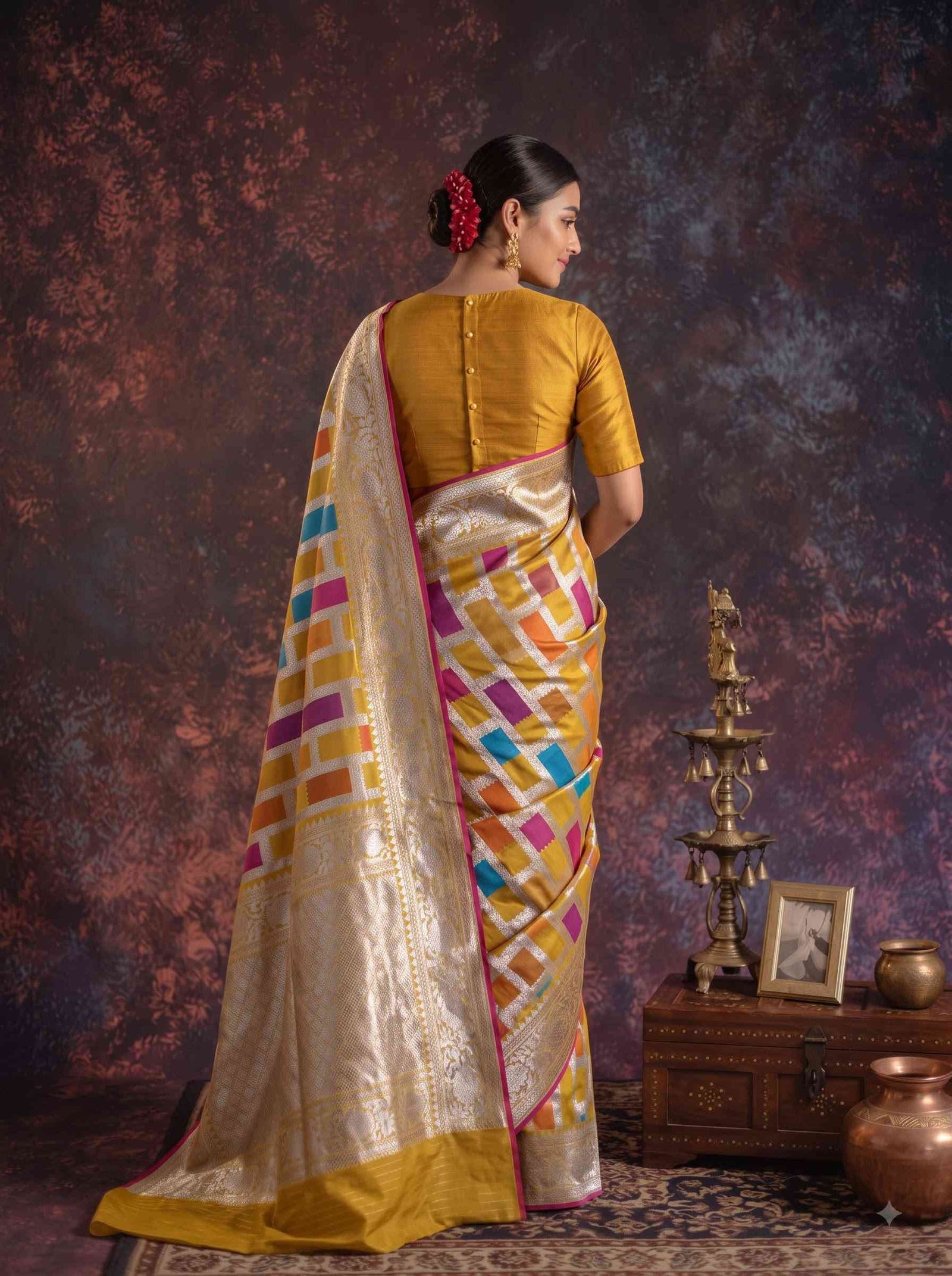 Mustard Handwoven Kataan Silk Banarasi Rangkart Saree