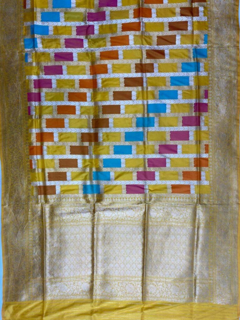 Premium handwoven Kataan Silk Banarasi Rangkart saree in mustard with colourful block work, zari border and detailed pallu