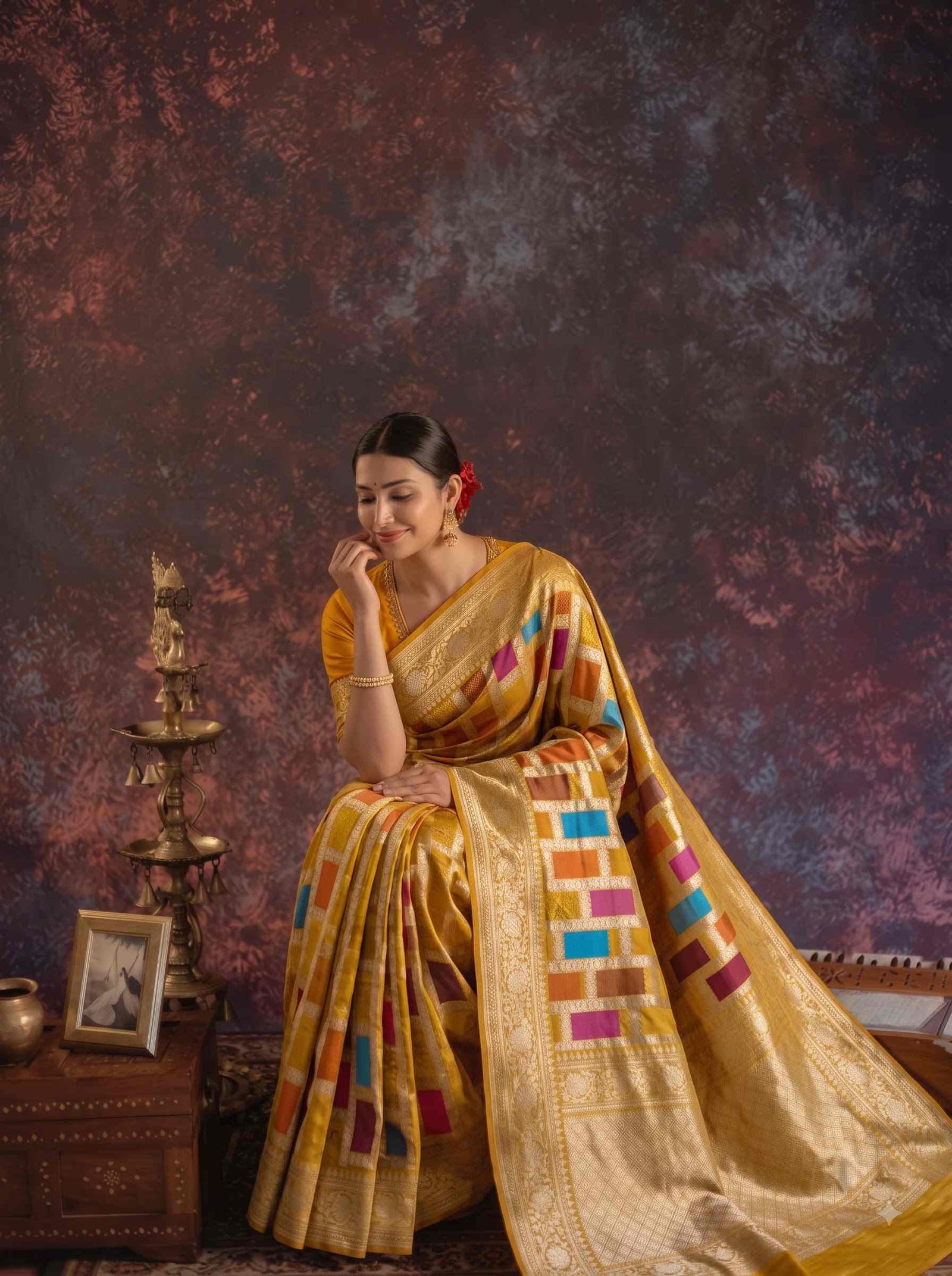 Mustard Handwoven Kataan Silk Banarasi Rangkart Saree