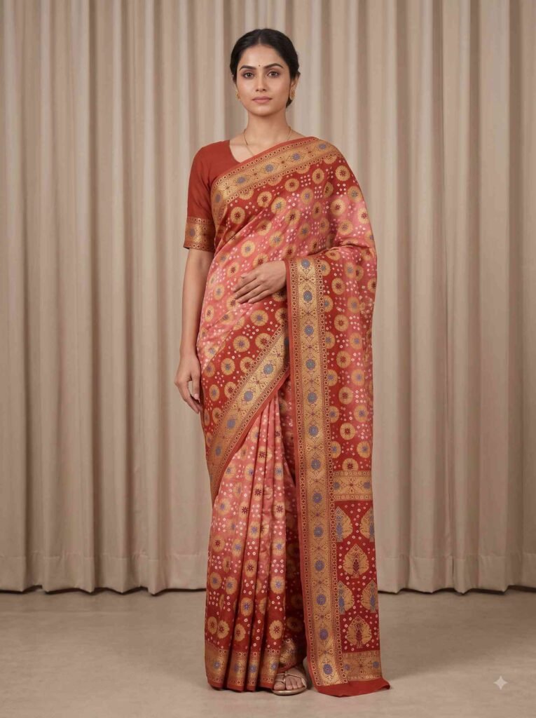 Premium cotton Bandhej Banarasi saree in peach colour with beautiful Bandhani work, multicolour motifs and zari border
