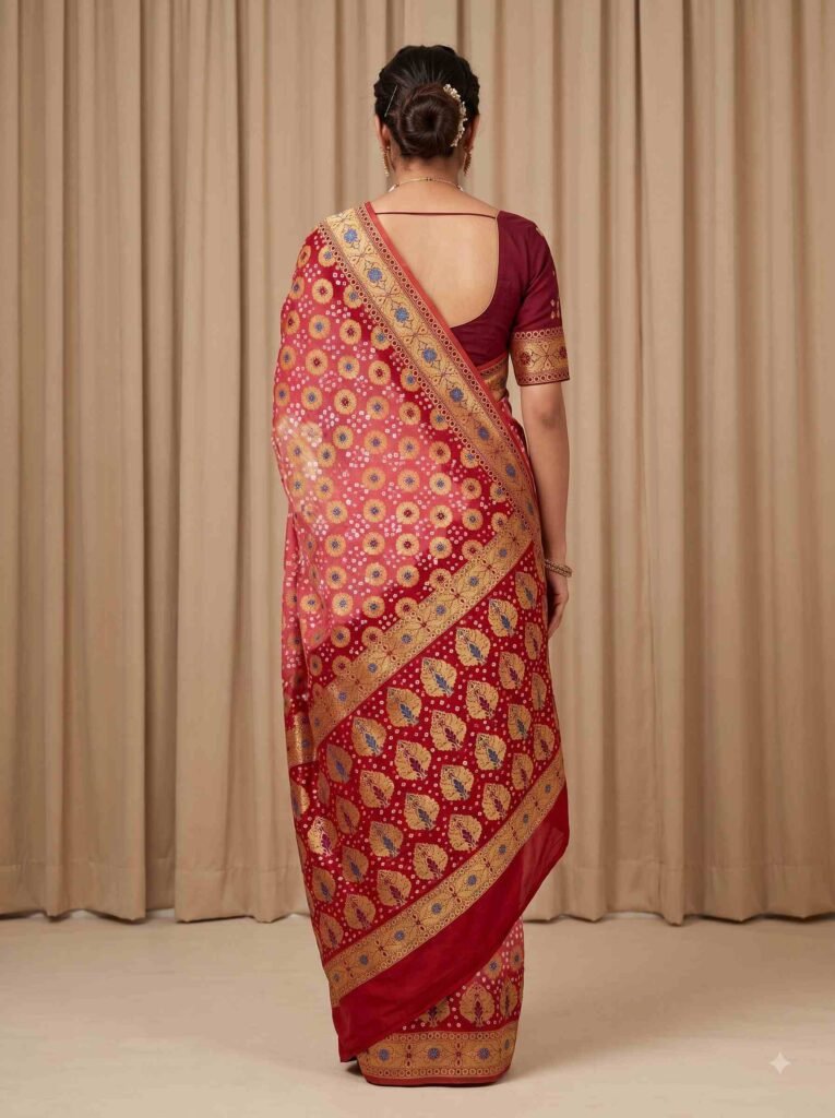 Premium cotton Bandhej Banarasi saree in peach colour with beautiful Bandhani work, multicolour motifs and zari border
