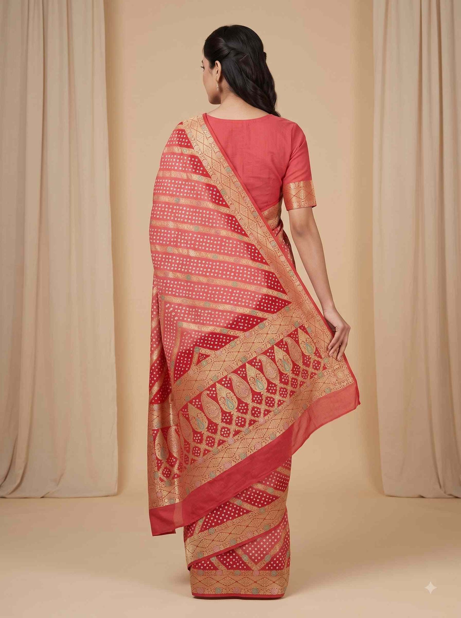 Peach Cotton Bandhej Banarasi Saree