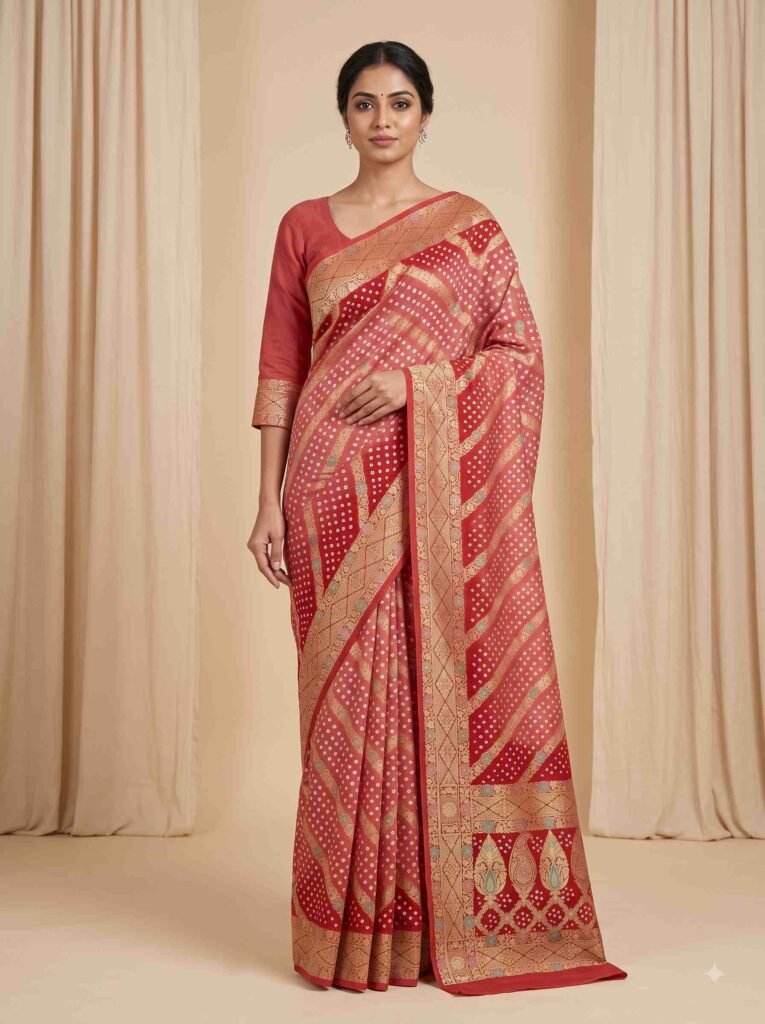 Premium cotton Bandhej Banarasi saree in peach colour with beautiful Bandhani work, multicolour motifs and intricate zari border and pallu.