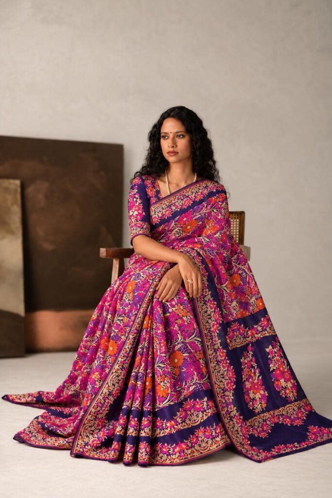 Premium handwoven Kataan Tissue Silk Banarasi saree in pink with colourful floral Meenakari work and detailed border and pallu