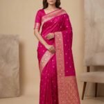 Premium semi Kataan silk Banarasi saree in pink colour with floral zari border and pallu and delicate booti work