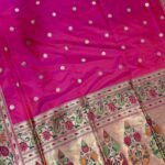 Premium handwoven Kataan Silk Banarasi saree in Rani Pink with zari booti work and floral Meenakari border and pallu