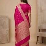 Premium semi Kataan silk Banarasi saree in pink colour with floral zari border and pallu and delicate booti work