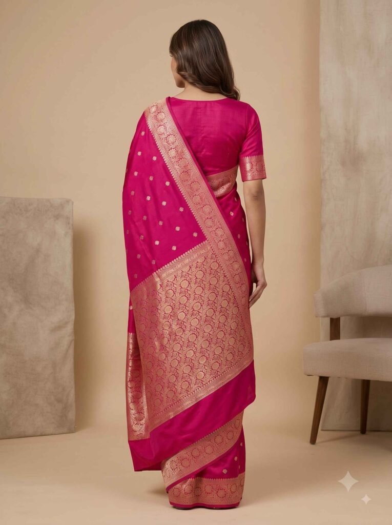 Premium semi Kataan silk Banarasi saree in pink colour with floral zari border and pallu and delicate booti work