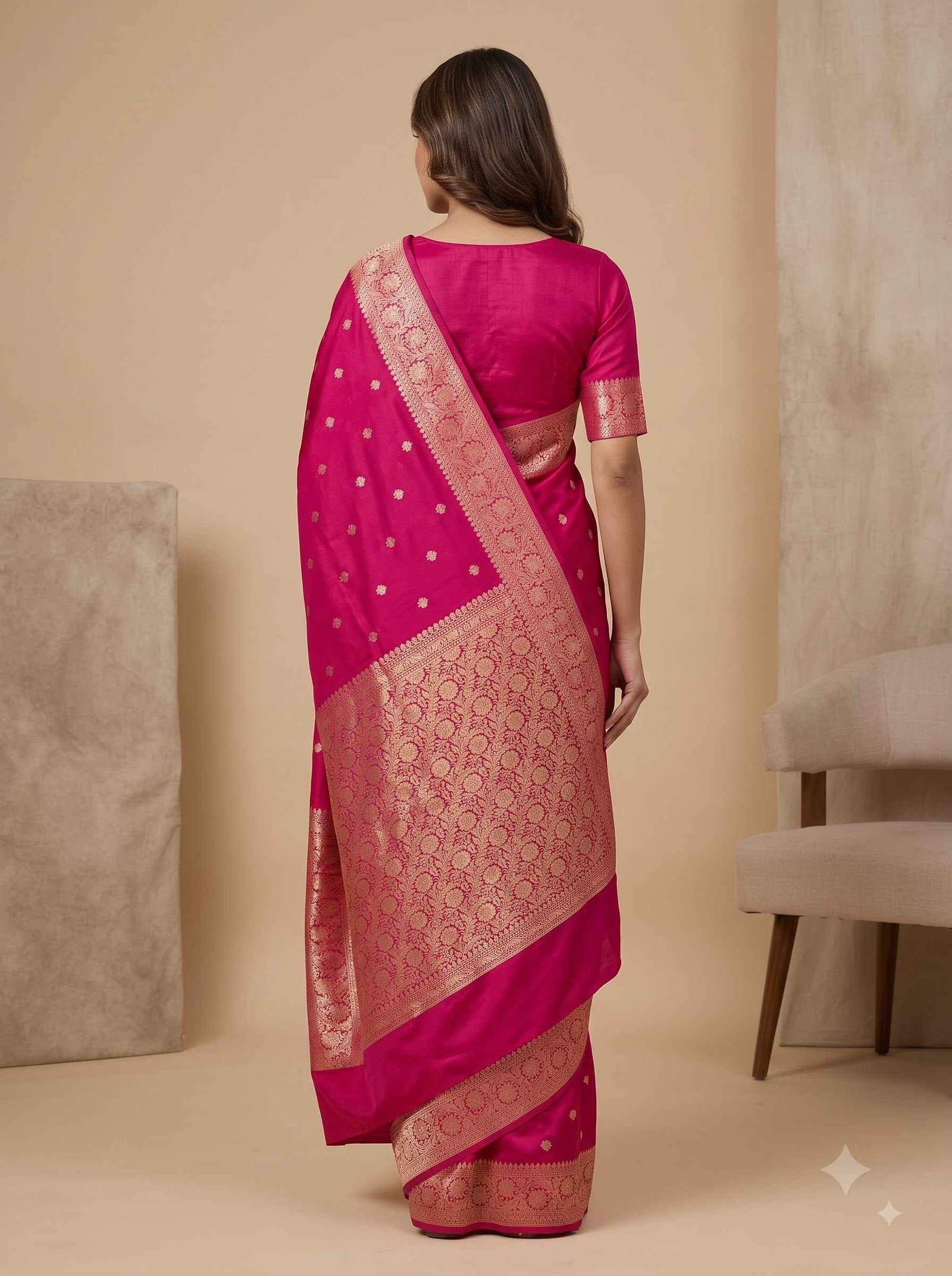 Rani Pink Semi Kataan Silk Banarasi Saree