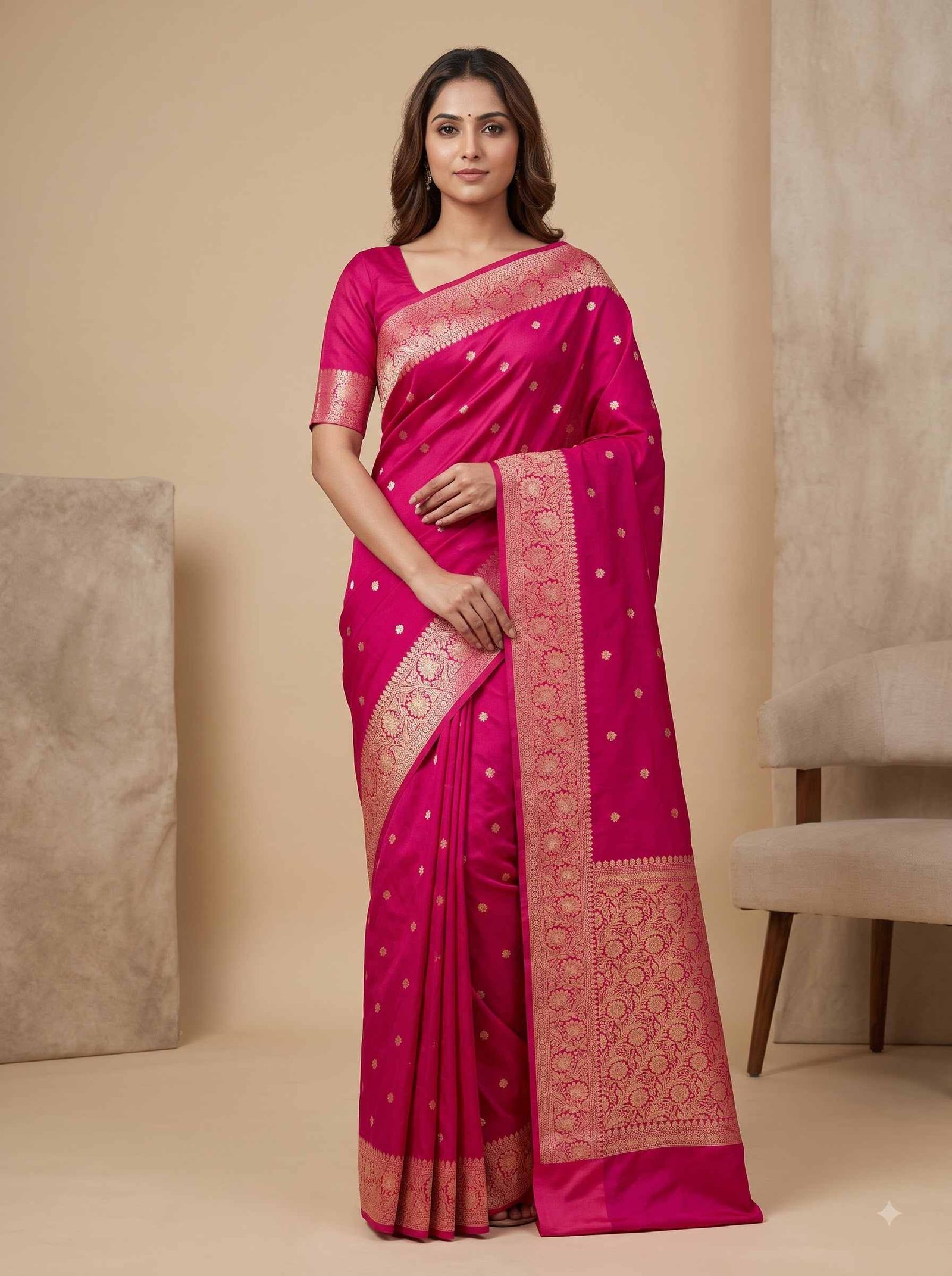 Rani Pink Semi Kataan Silk Banarasi Saree
