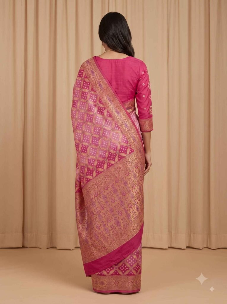Premium cotton Bandhej Banarasi saree in royal blue with beautiful Bandhani work, zari border and detailed pallu