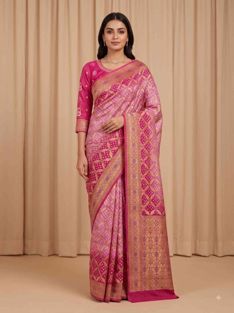 Premium cotton Bandhej Banarasi saree in royal blue with beautiful Bandhani work, zari border and detailed pallu