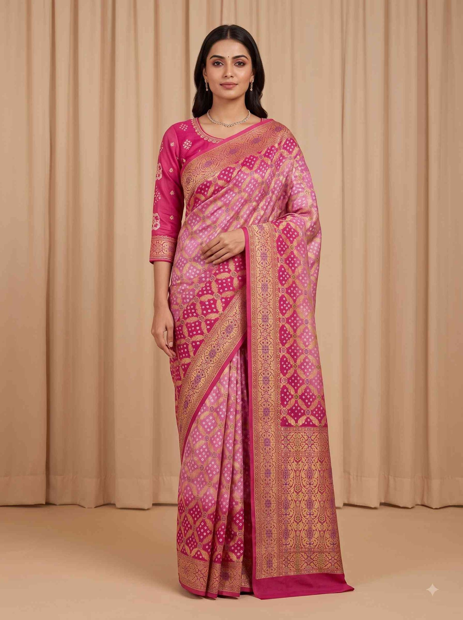 Pink Cotton Bandhej Banarasi Saree
