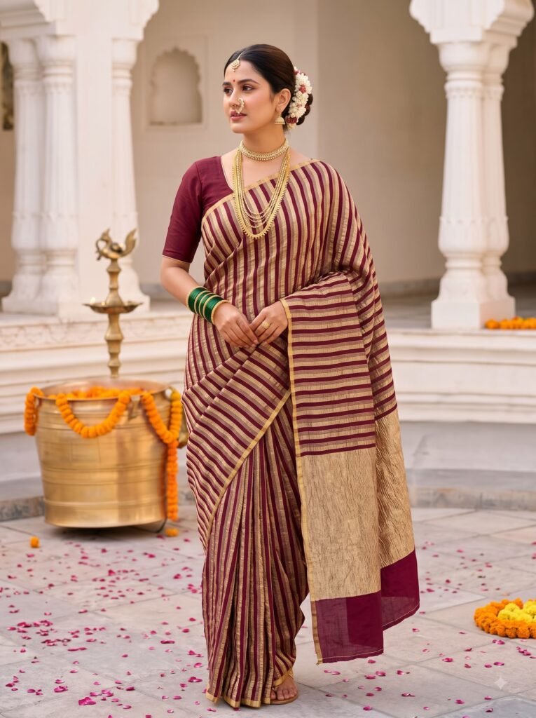 Premium Munga Silk Banarasi saree in maroon and gold with elegant zari stripe work and rich traditional border and pallu