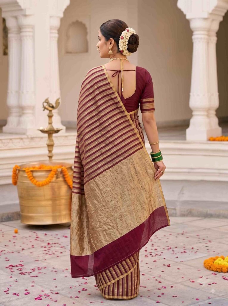 Premium Munga Silk Banarasi saree in maroon and gold with elegant zari stripe work and rich traditional border and pallu
