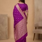 Premium semi Kataan silk Banarasi saree in purple colour with floral zari border and pallu and delicate booti work