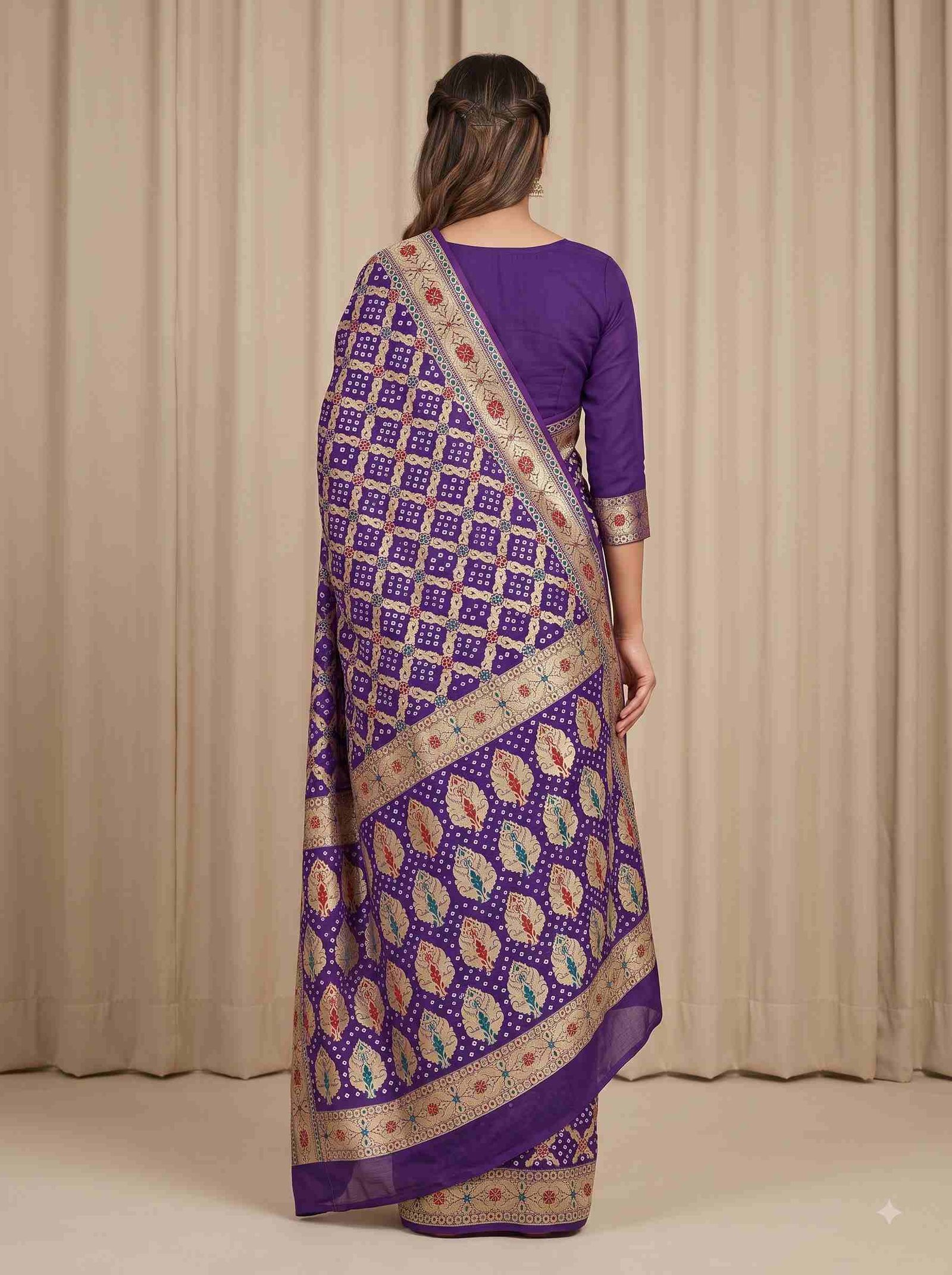 Purple Cotton Bandhej Banarasi Saree