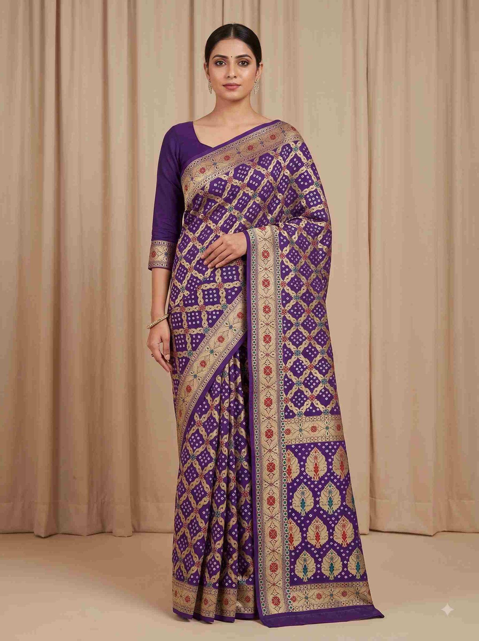 Purple Cotton Bandhej Banarasi Saree