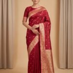 Premium semi Kataan silk Banarasi saree in red colour with floral zari border and pallu and delicate booti work