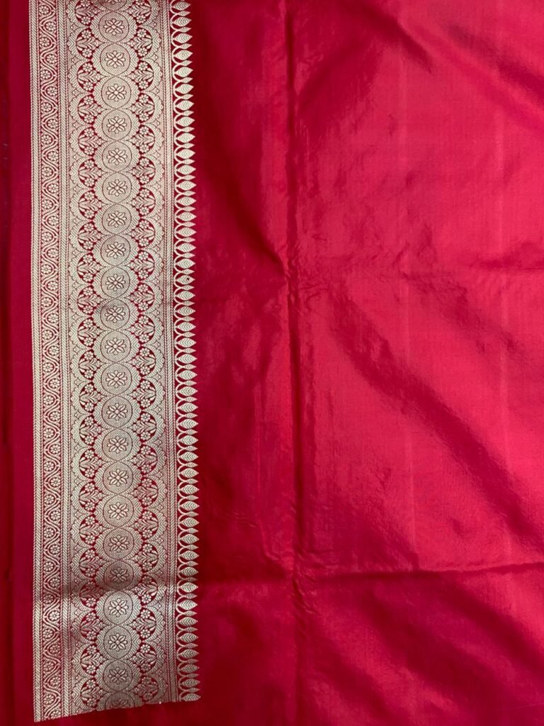 Premium handwoven Kataan Silk Banarasi saree in red with bird motif work, geometric pattern, zari border and detailed pallu .