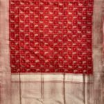 Premium handwoven Kataan Silk Banarasi saree in red with bird motif work, geometric pattern, zari border and detailed pallu .