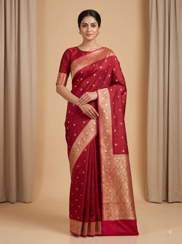 Premium semi Kataan silk Banarasi saree in red colour with floral zari border and pallu and delicate booti work