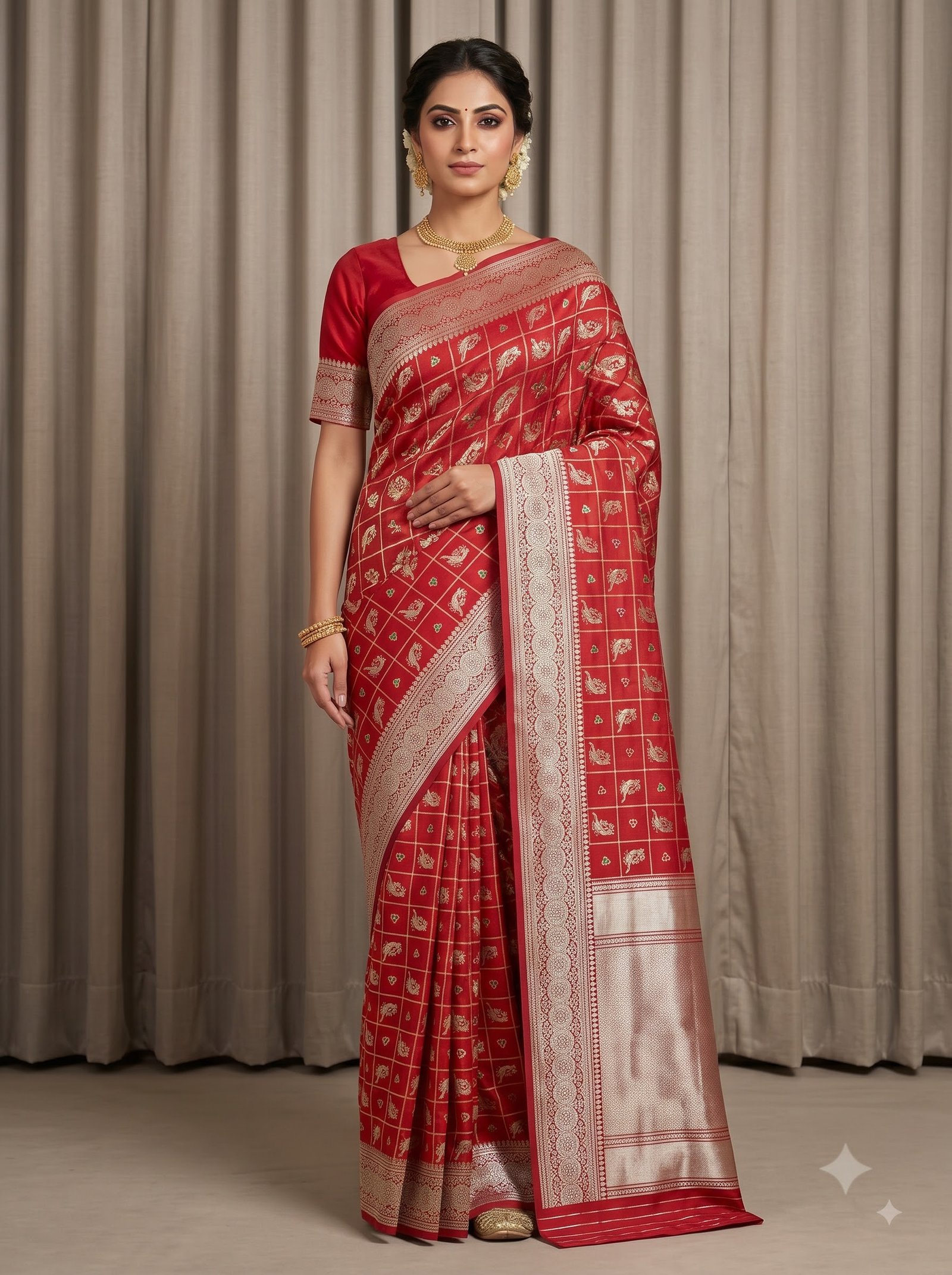 Red Handwoven Kataan Silk Banarasi Saree