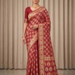 Premium cotton Bandhej Banarasi saree in red colour with Bandhani work, multicolour floral motifs and zari border