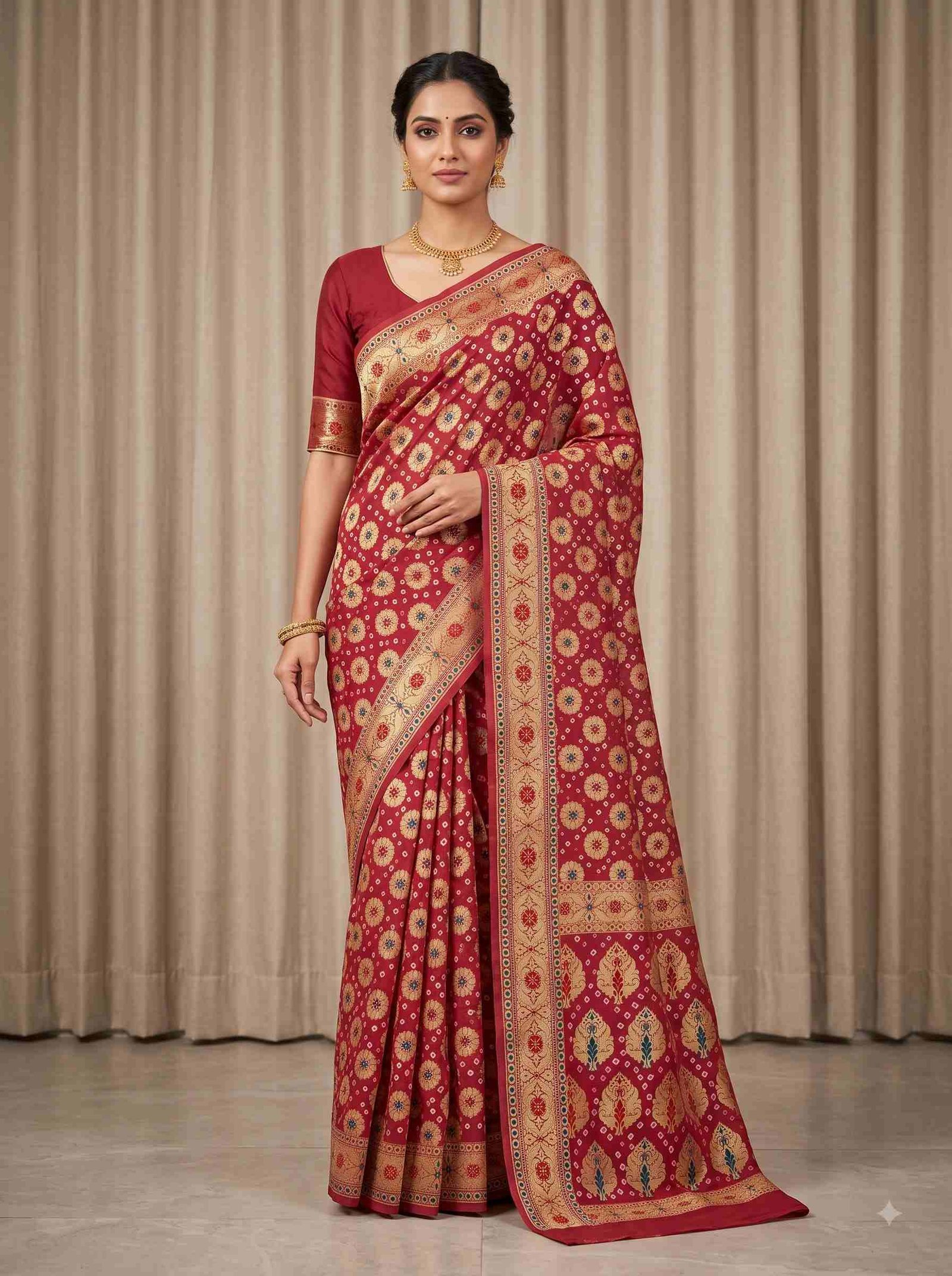 Red Cotton Bandhej Banarasi Saree