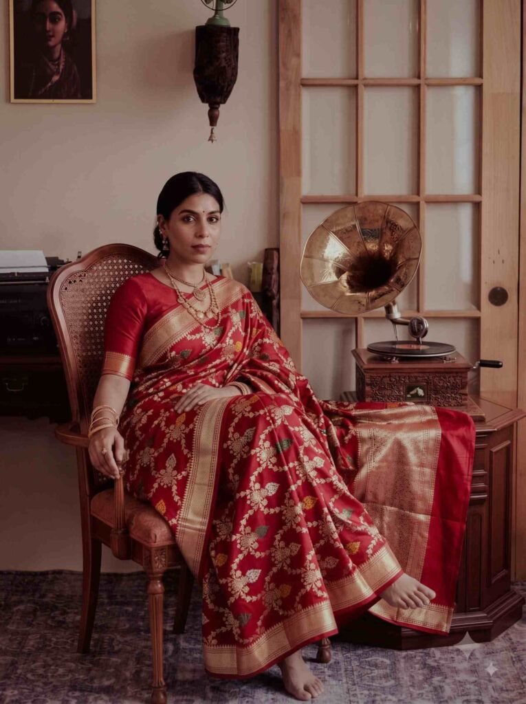 Premium handwoven Kataan Silk Banarasi saree in maroon with floral Meenakari work and intricate zari border and pallu