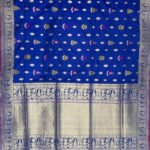 Premium handwoven Kataan Silk Banarasi saree in royal blue with colourful floral Meenakari work, intricate zari border and detailed pallu