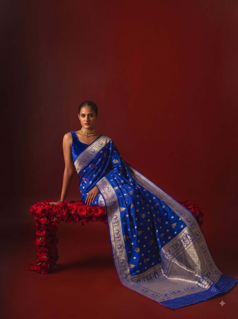Premium handwoven Kataan Silk Banarasi saree in royal blue with colourful floral Meenakari work, intricate zari border and detailed pallu