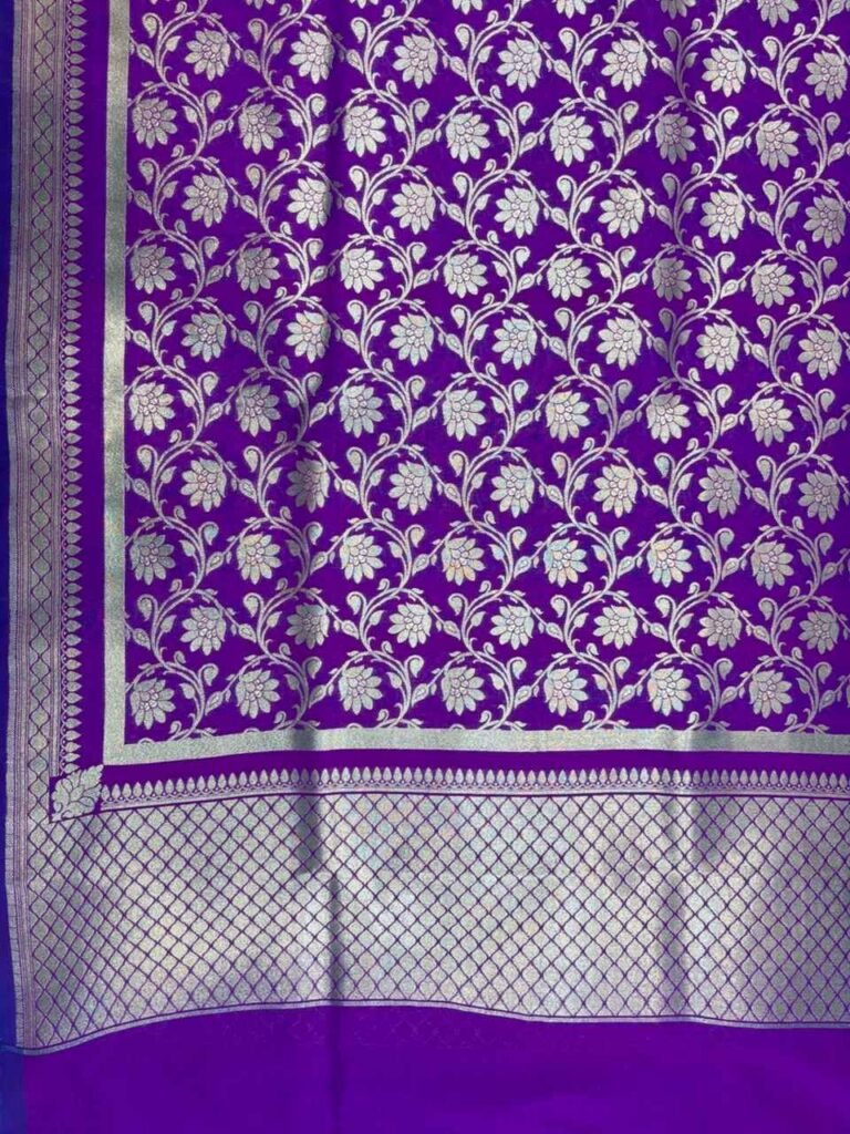 Premium purple semi Kataan silk Banarasi dupatta with floral zari jaal work and detailed zari border