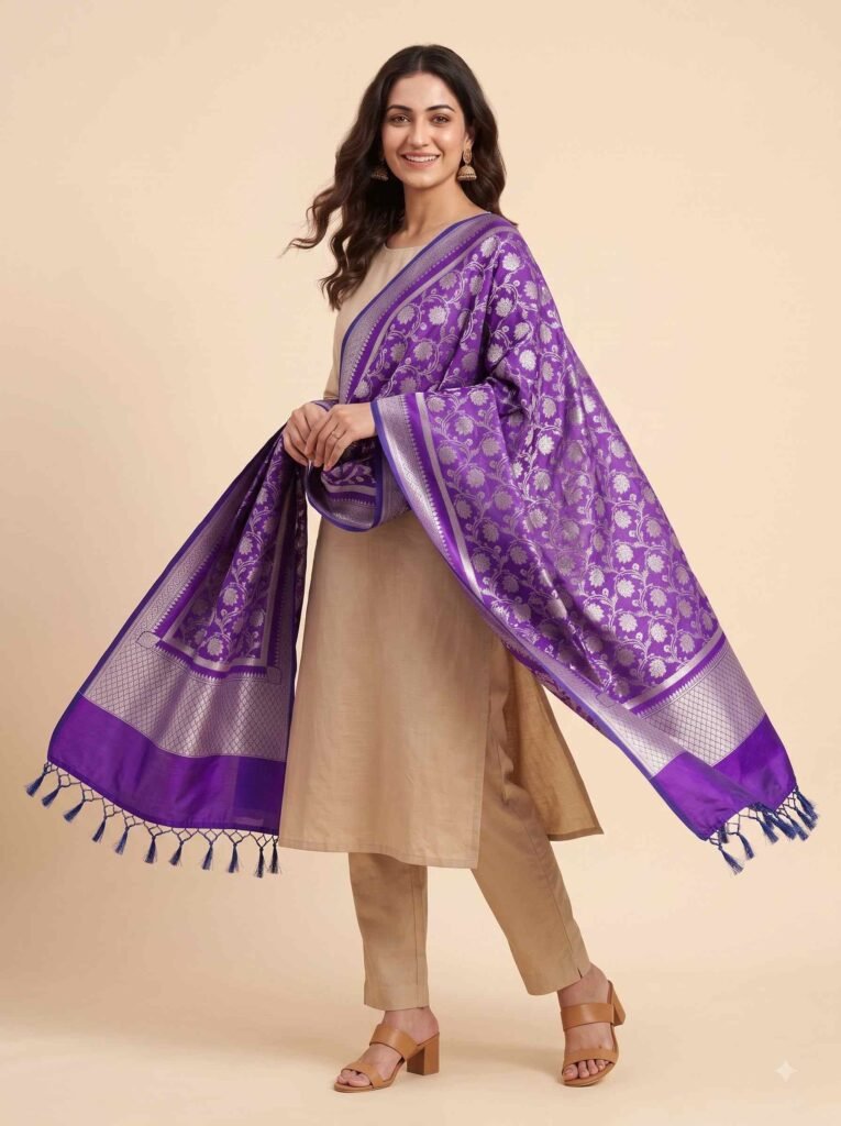 Purple Semi Kataan Silk Banarasi Dupatta