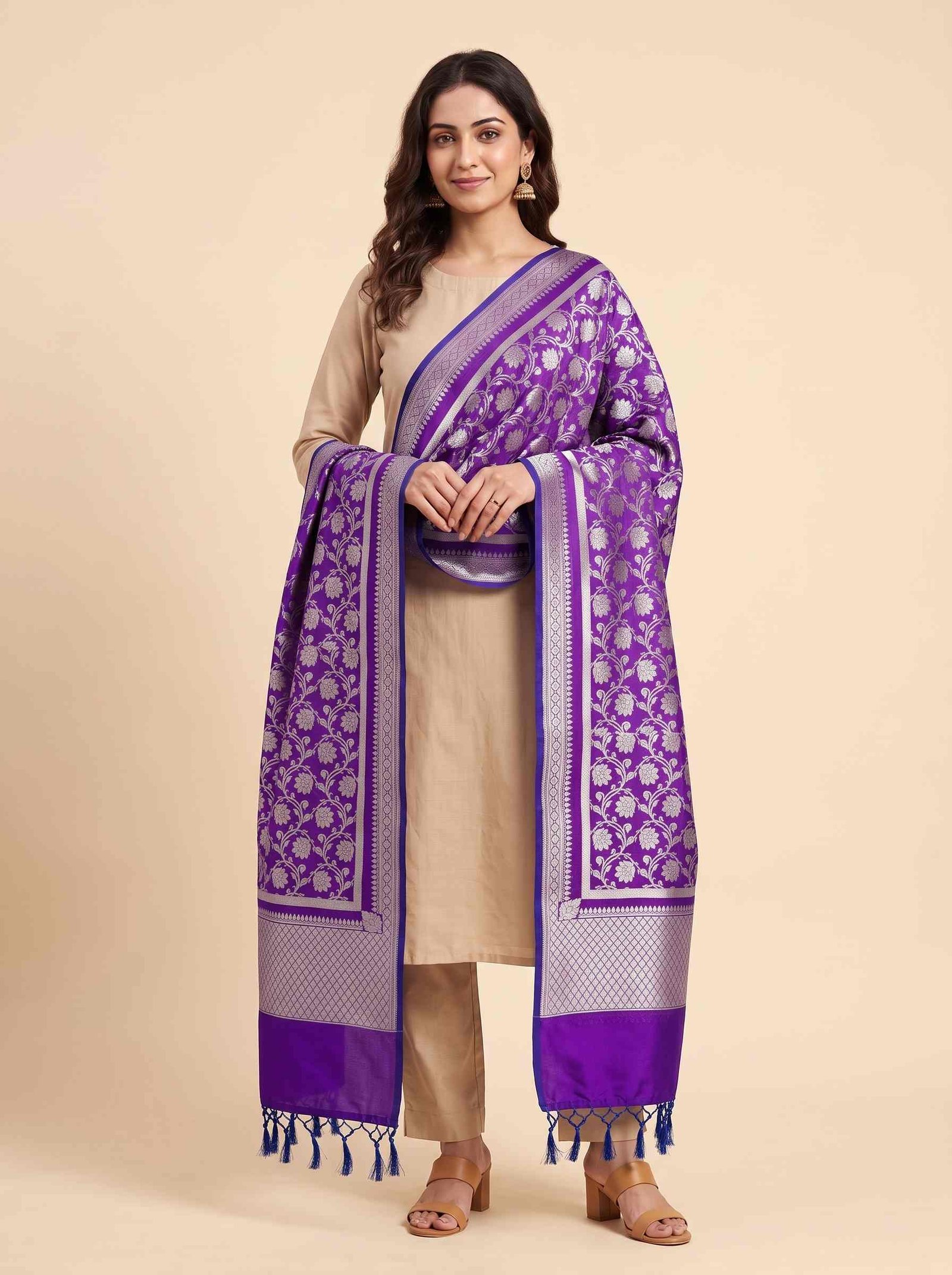 Purple Semi Kataan Silk Banarasi Dupatta