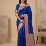 Premium semi Kataan silk Banarasi saree in royal blue with floral border and pallu and delicate booti work