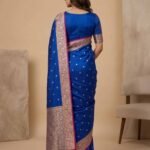 Premium semi Kataan silk Banarasi saree in royal blue with floral border and pallu and delicate booti work