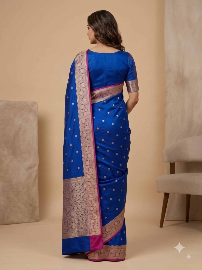 Premium semi Kataan silk Banarasi saree in royal blue with floral border and pallu and delicate booti work