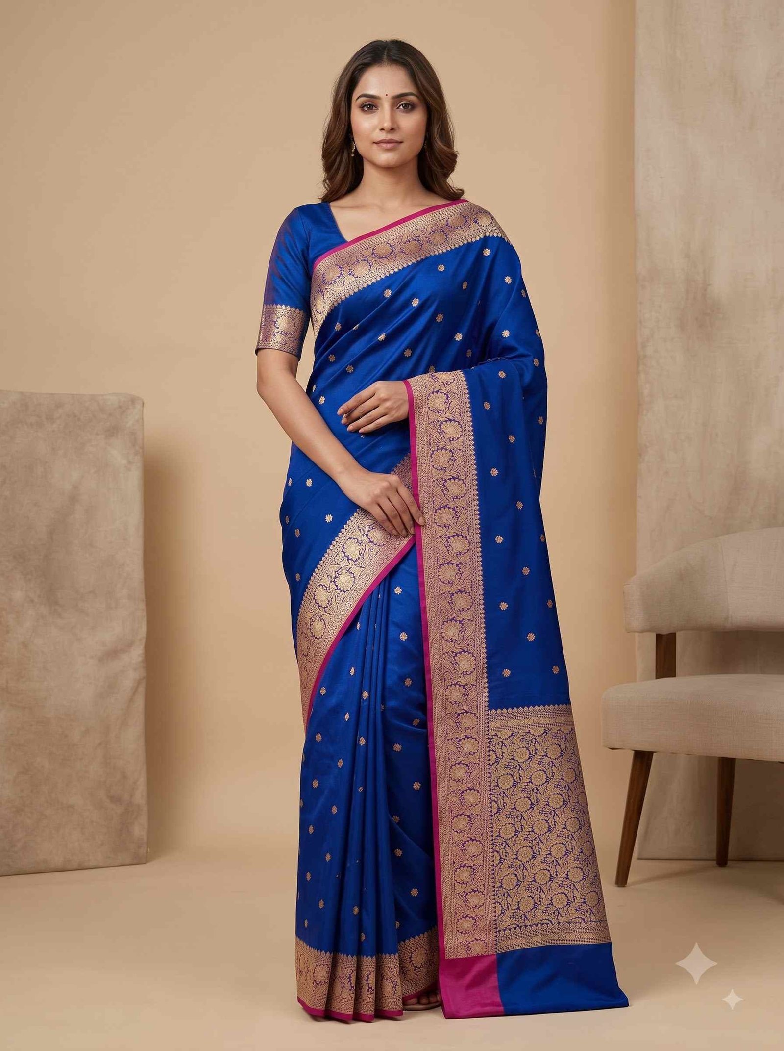 Royal Blue Semi Kataan Silk Banarasi Saree