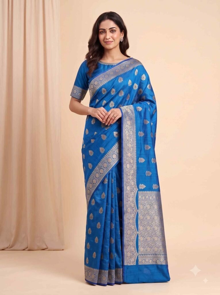 Premium Chiniya Silk Banarasi saree in teal blue with beautiful floral zari and colourful Meenakari work