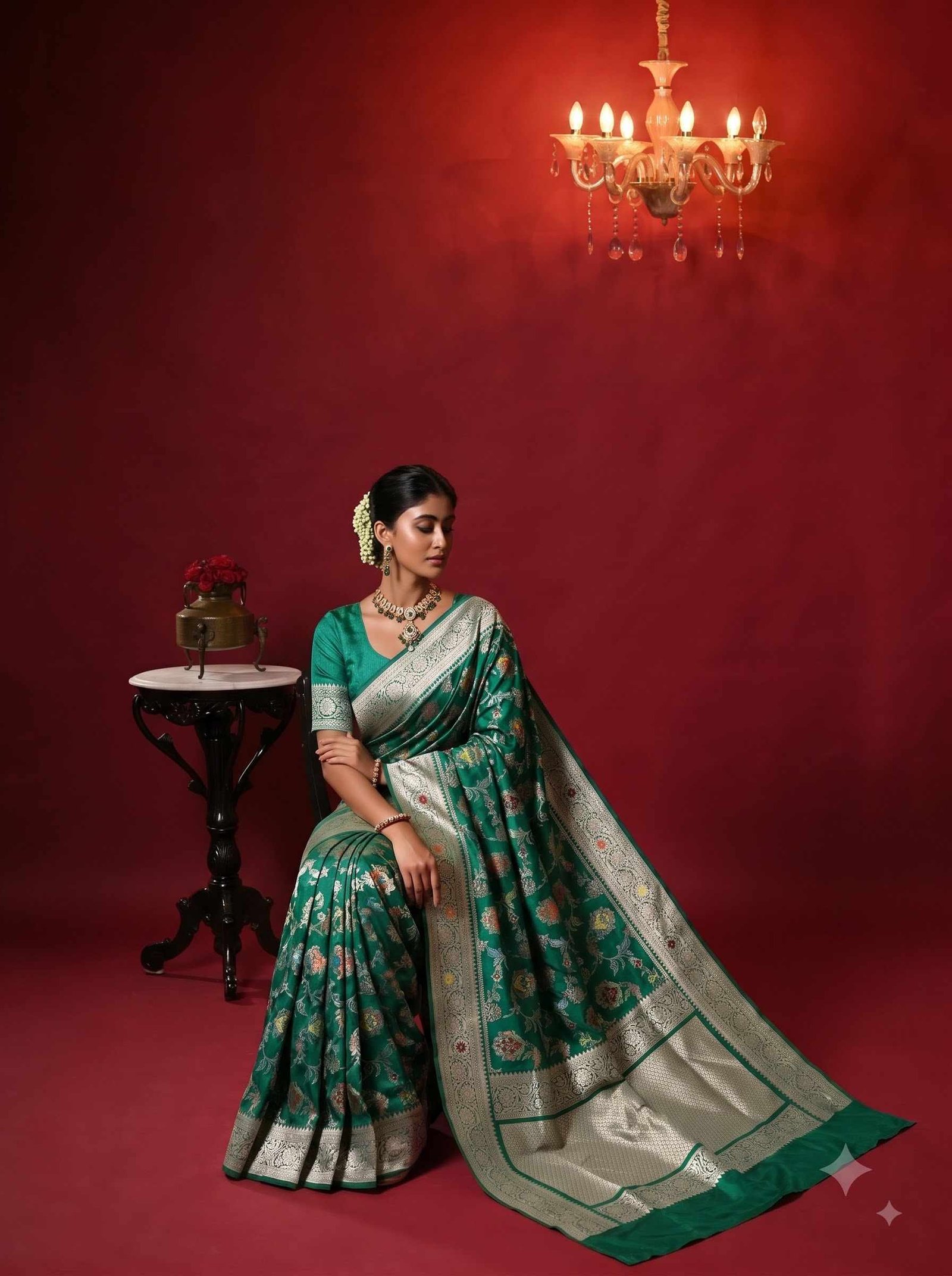 Sea Green Handwoven Kataan Silk Banarasi Saree