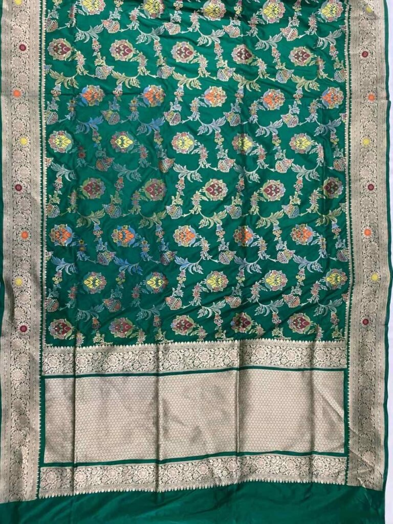Premium handwoven Kataan Silk Banarasi saree in sea green with colourful floral Meenakari Jaal work and detailed zari border and pallu