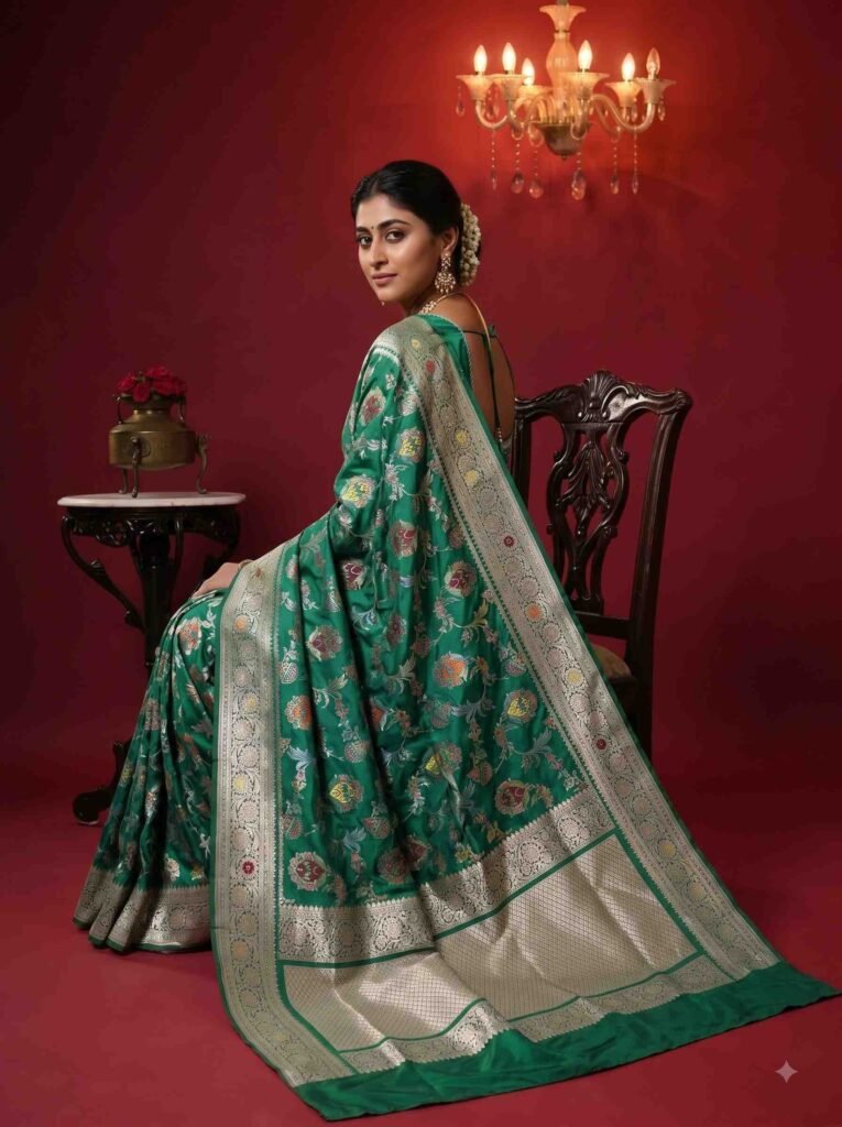 Premium handwoven Kataan Silk Banarasi saree in sea green with colourful floral Meenakari Jaal work and detailed zari border and pallu
