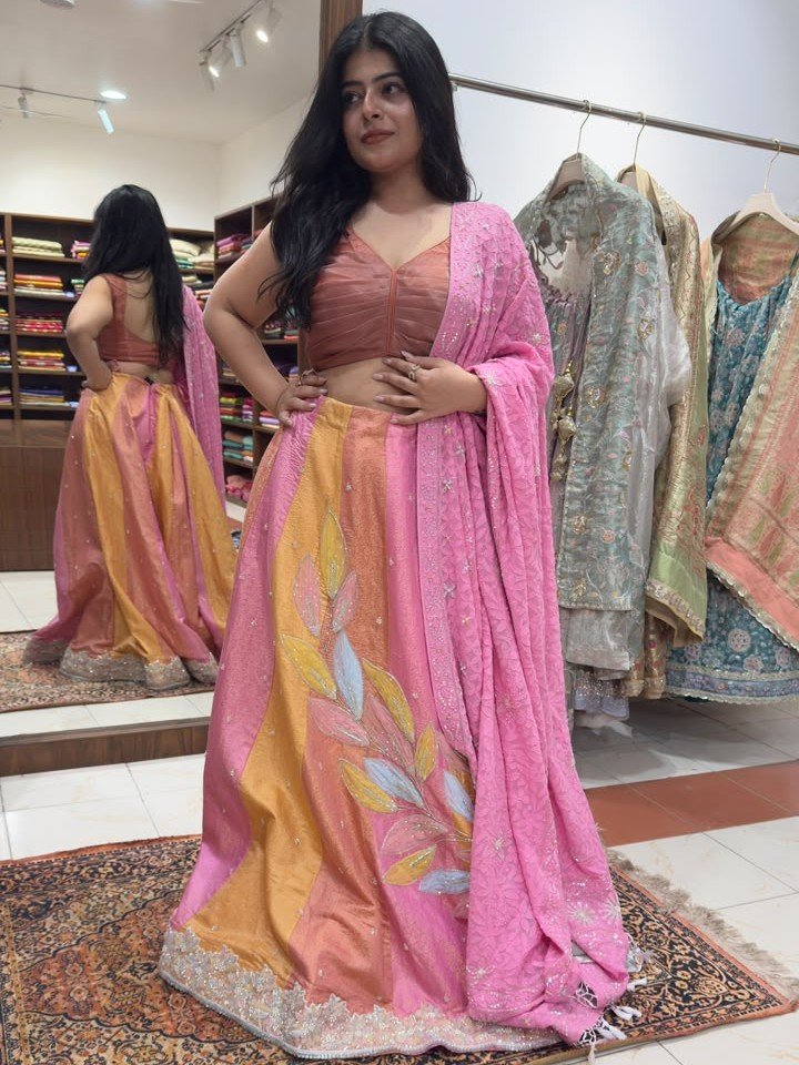 Premium customised yellow and pink Banarasi Chiniya Silk lehenga with net embroidery, Cutdana work and Khaddi Georgette Silk Chikankari dupatta
