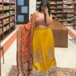 Premium customised red and mustard Chiniya Silk lehenga with cord embroidery work and Khaddi Georgette Bandhej dupatta