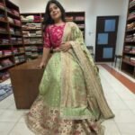 Premium customised pista green Banarasi Kataan Silk lehenga with Rani pink blouse, Resham threadwork, Zardozi work and Banarasi Kataan Silk dupatta